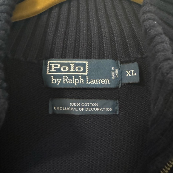 Navy quarter zip sweater with green polo symbol - Picture 2 of 2